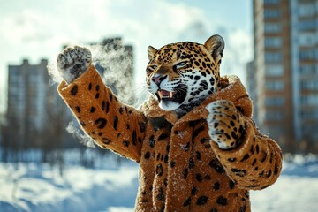 Zoo pet health. Mirthful animals. Happy cute adult animal jaguar in winter warm clothes, cold breath from nose and mouth in freezing air. Animal rights campaign. Animal care project.