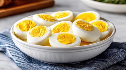 Clean eating as a simple snack in kitchen concept. Deliciously cooked eggs arranged in a white bowl.
