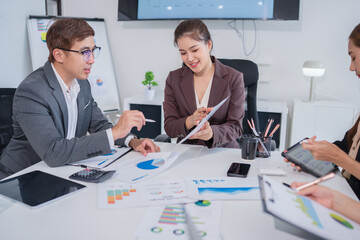 Asian business group meeting, document work, investment structure chart, work in the office