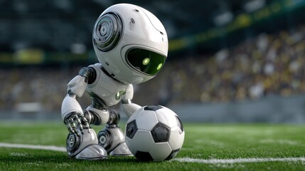 Sports assistant robot inflating and inspecting soccer balls on pitch green background