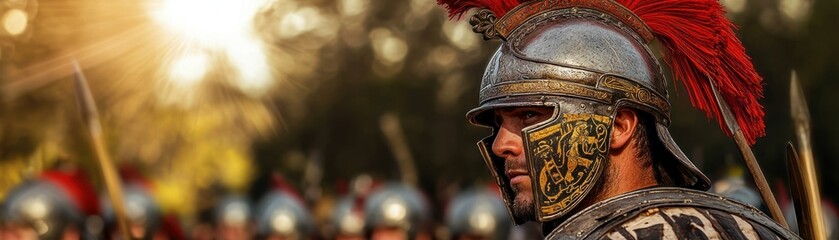 Obraz premium A Roman soldier wearing a helmet in preparation for battle