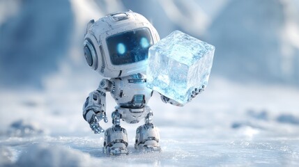 Steel plated robot displaying rotating cube illusion hologram on icy white-blue background