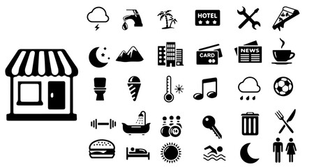 Comprehensive Black & White Icon Set: Travel, Weather, Food, Services & More