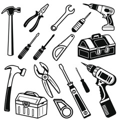 "Essential Hand Tools Vector Pack &ndash; Bold Line Art Icons in Black and White"

