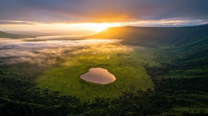 Aerial view of the Ngorongoro Crater at sunrise, with wildlife visible along the crater floor