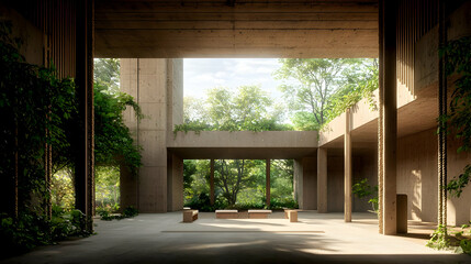 Fototapeta premium Modern Concrete Interior With Lush Courtyard Garden