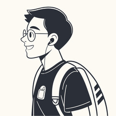 Smiling person profile with earbuds and backpack