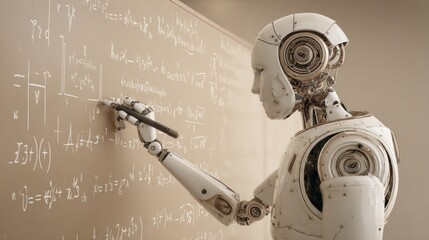 Teaching robot writing formulas on smartboard on ivory background