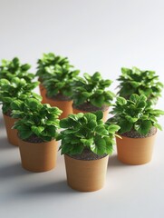 Fototapeta premium Arrangement of Potted Plants with Green Foliage in Terracotta Containers