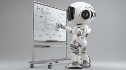 Teaching robot writing formulas on smartboard on ivory background