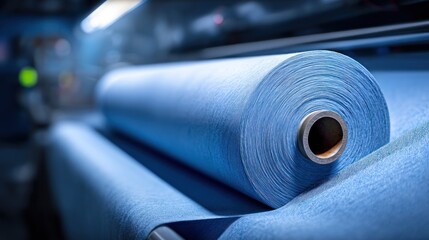 Textile quality robot scanning fabric rolls on soft denim blue background
