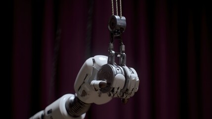 Theater robot operating backstage pulley system on dark plum background