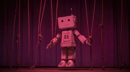 Theater robot operating backstage pulley system on dark plum background