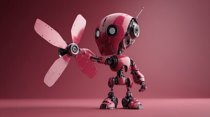 Thin-limbed robot holding a drone propeller on a gradient burgundy background