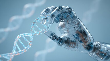 Transparent polymer robot holding DNA strand hologram on sterile blue-white background