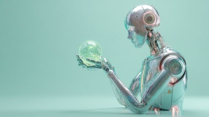 Transparent shell robot holding a floating hologram chip on a pastel mint surface
