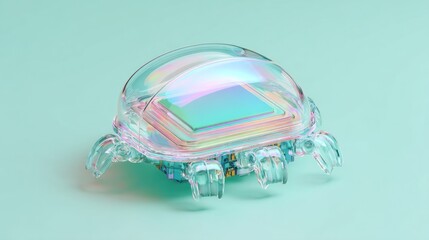 Transparent shell robot holding a floating hologram chip on a pastel mint surface