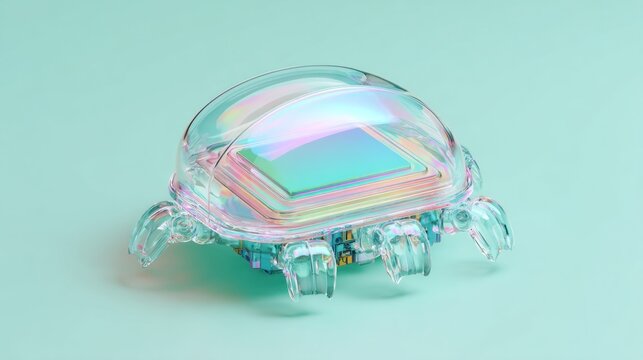 Transparent shell robot holding a floating hologram chip on a pastel mint surface