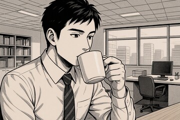 Man in Office Drinking Coffee in Manga Style
