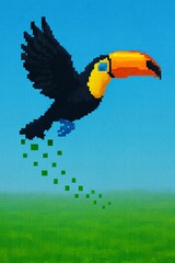 Pixel Art Toucan Flying Over Green Landscape