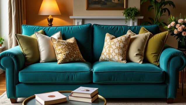 Teal velvet sofa with decorative pillows.
