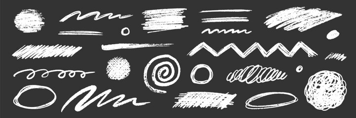 Crayon chalk scribble effect texture pastel stroke element set. Hand drawn crayon pencil brush stroke texture line shape on black background. Chalk scratch hand drawn style. Vector illustration