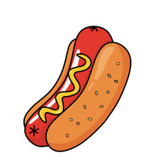 illustration of a classic hot dog with mustard in a bun. A colorful and fun food icon perfect for menus, fast food designs, or snack-related content
