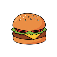 Vector illustration of a cheeseburger with lettuce, tomato, beef patty, and melted cheese in a sesame seed bun. Perfect for fast food designs and icons