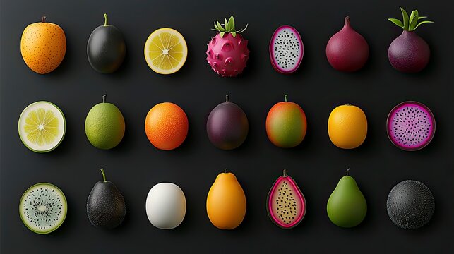 Colorful fruit slices arranged on a dark background.  A digital graphic