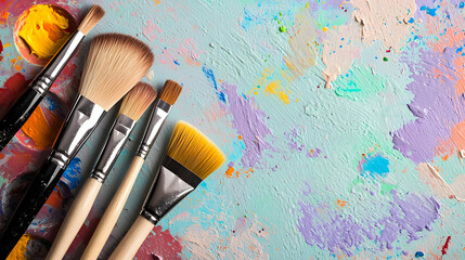 Obraz premium Colorful Paint Brushes And Palette On Artistic Surface