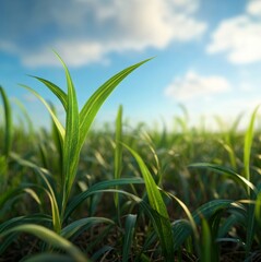 Fototapeta premium Whispers of Growth: Lush green blades of grass reach towards a clear, sunny sky, evoking feelings of renewal and vitality. A close-up shot accentuates the delicate beauty of nature's artistry.