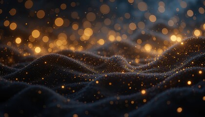 Abstract design of dark particles with glowing golden highlights.