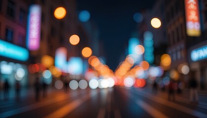 Night city street scene with blurred lights.