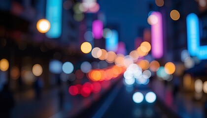 Blurry urban night scene with colorful bokeh lights.