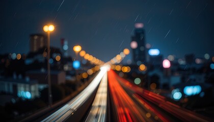 Blurred city lights and traffic trails at night.