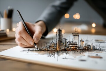 Creative Hand Drawing of Urban Cityscape with Architectural Sketches