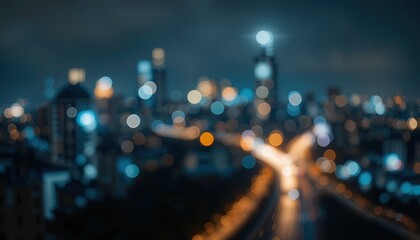 Blurred cityscape at night, glowing with city lights.