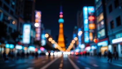 Blurry city street at night, illuminated by vibrant lights.