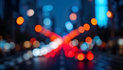 Abstract urban night scene with blurred lights.