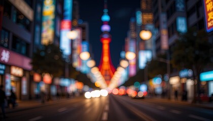 Blurred city street at night, vibrant lights.