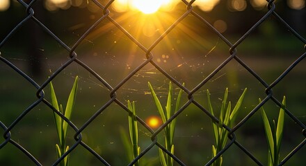 Sunlight filtering through chain-link fence,  revealing vibrant new growth