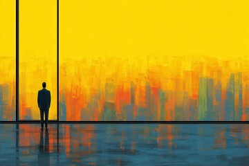 Man Looking Out at Cityscape with Yellow Sky and Reflection