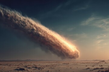 Meteor Shower Over Desert Landscape at Dusk with Dramatic Clouds