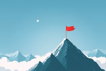 Red Flag on Peak Mountain Against Clear Blue Sky and White Clouds