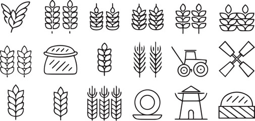 Wheat and Grain Icons in Solid Black Grid Format