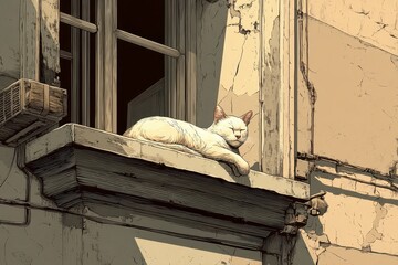 Relaxing White Cat Sunbathing on Windowsill in Urban Setting