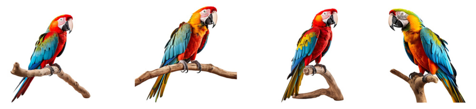 A collection of macaw parrots isolated on a transparent background