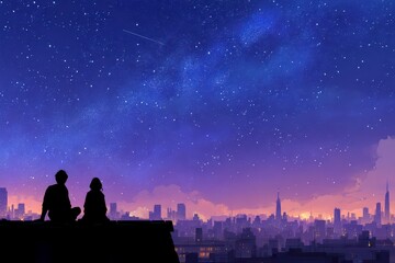 Silhouette Couple Watching Stars Over City Skyline at Dusk