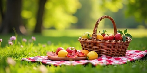 A charming picnic scene featuring a checkered blanket, rustic tableware, fresh fruit, and a wicker basket, perfect for a spring or summer outing , vintage, outdoor dining
