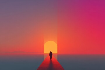 Solitary Figure Walking Towards a Colorful Abstract Sunset Portal